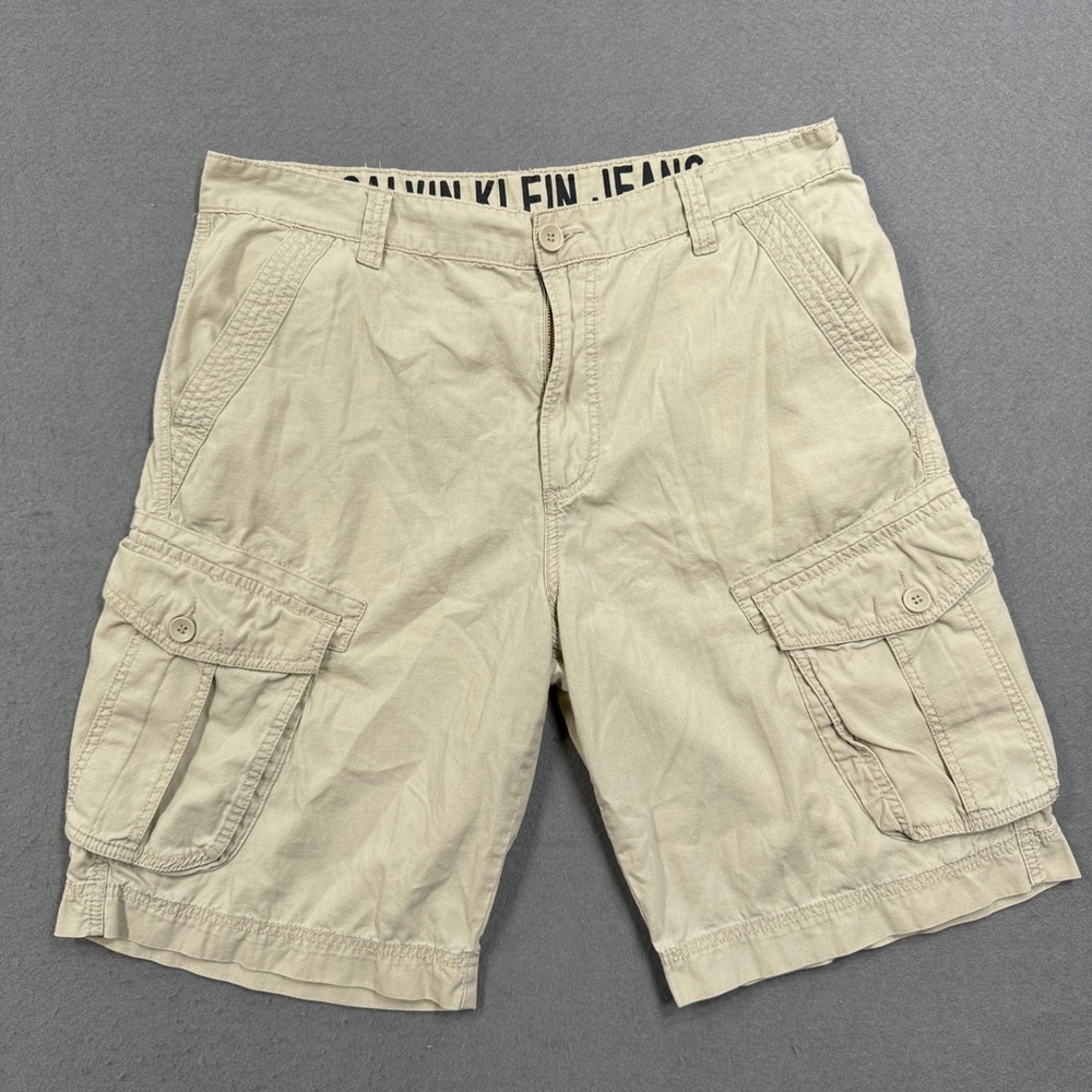 Calvin Klein Cargo Shorts Men's 36 Khaki Tan Loose Fit Ripstop High Rise Utility